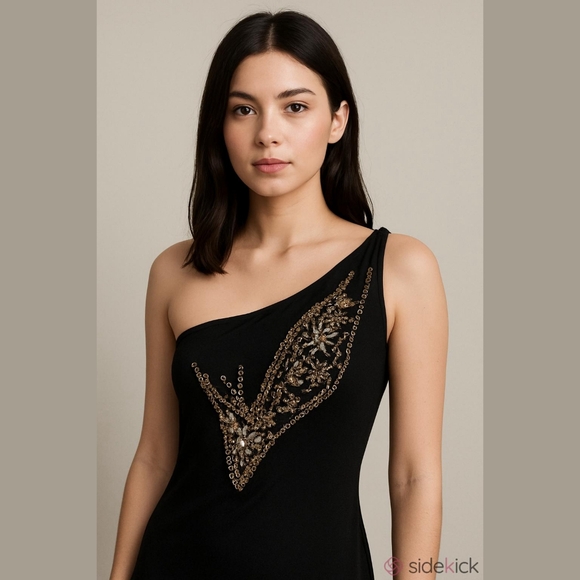 SILVER DAGGER Beaded Embellished Black Cocktail One Shoulder Body Con Mini Dress - Picture 1 of 11